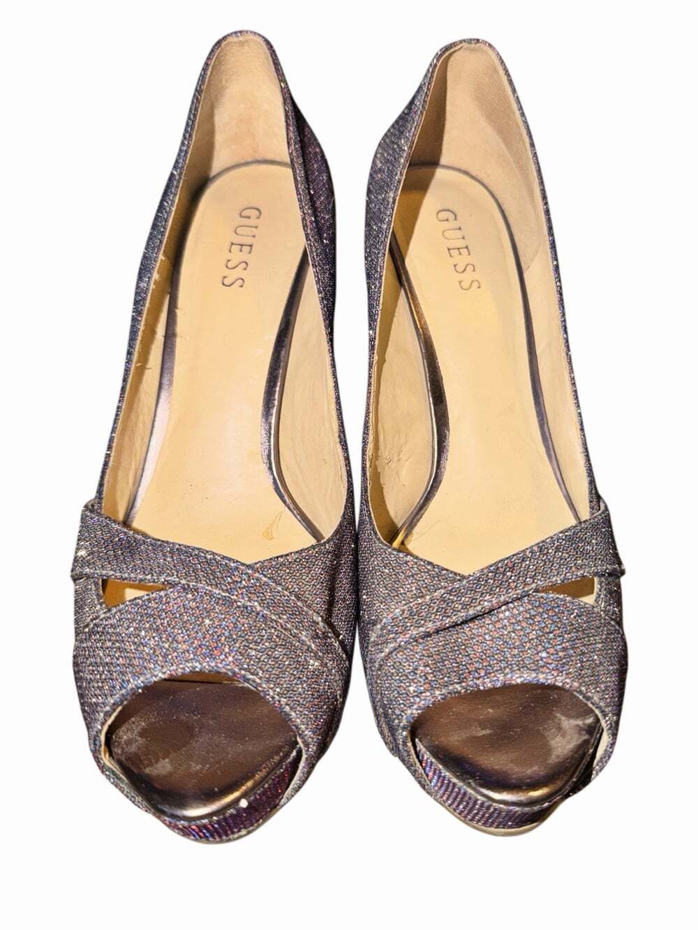 Guess Sparkly Purple Hue Silver Stiletto Peep Toe High Heels